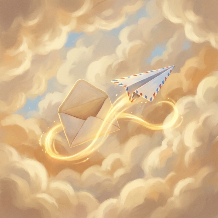 Sobre con avión de papel entre nubes doradas