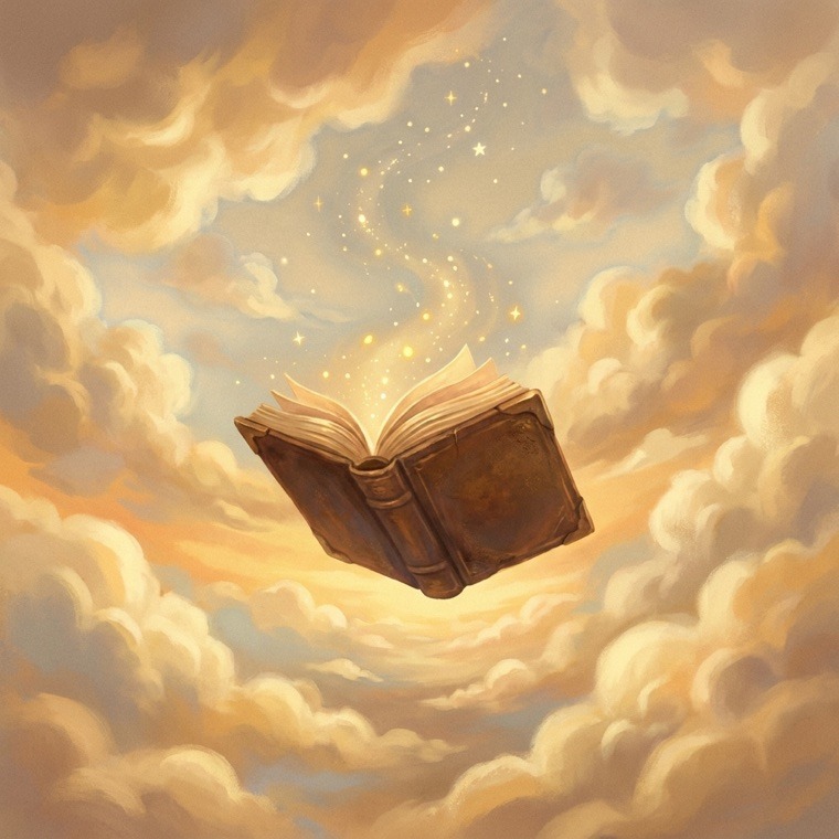 Libro abierto con páginas que brillan entre nubes doradas